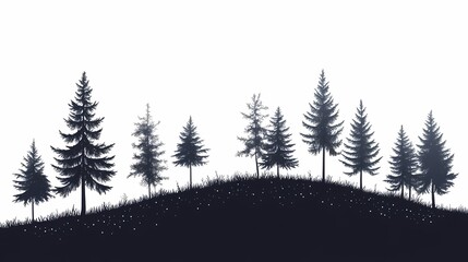 Naklejka premium Silhouetted Pine Trees Against Scenic Sunset in Tranquil Forest Landscape - Silhouette Art of Vibrant Evergreen Hills