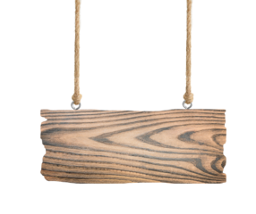 one blank wooden sign hanging on rope on white isolated background