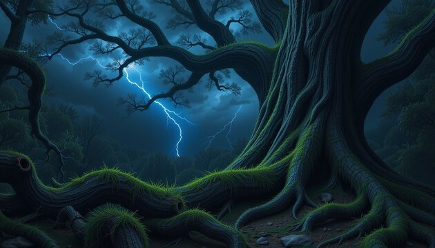 Ancient oak bark covered in moss under a stormy midnight sky in a dense forest.