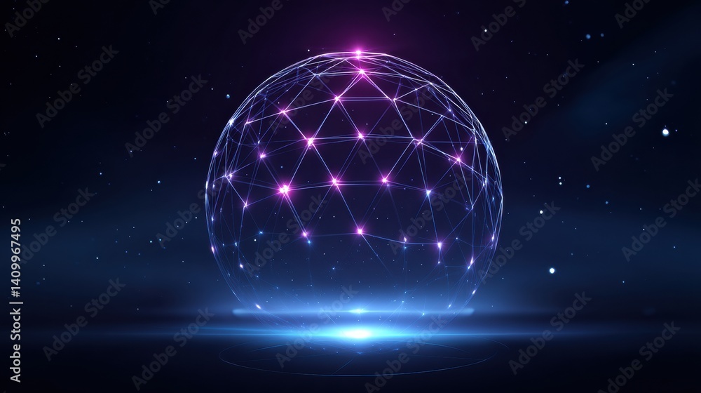 Poster a glowing sphere composed of interconnected lines and nodes, set against a dark, starry background, 
