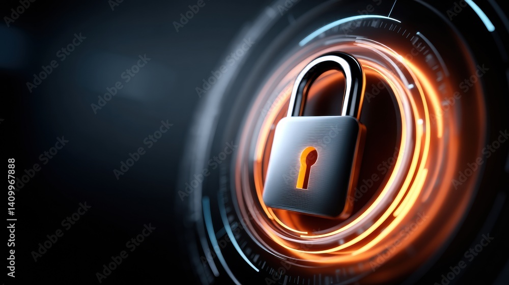 Poster a sleek, futuristic padlock with glowing elements, symbolizing digital security and protection in mo