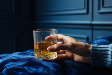 Hand holding a glass of amber liquid. Relaxing with a nightcap on a blue velvet couch.