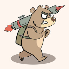 Vector bear with an angry face has a missile on its back ready to attack cartoon vector illustration