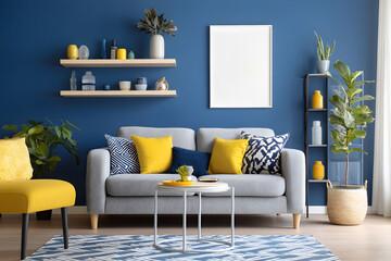 Blank frame for wall art mockup in modern mid century living room interior
