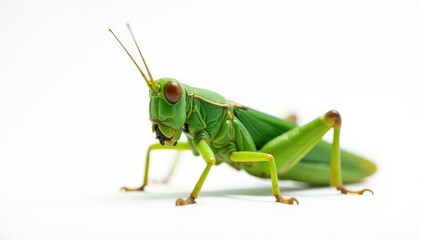 A vibrant green grasshopper isolated on pure white, agriculture, detail, leg