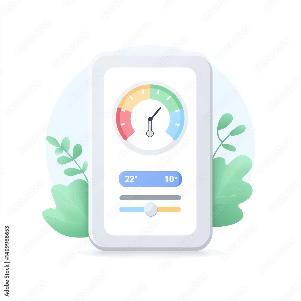 Poster a digital thermometer design showing temperature readings and leafy elements, representing climate o