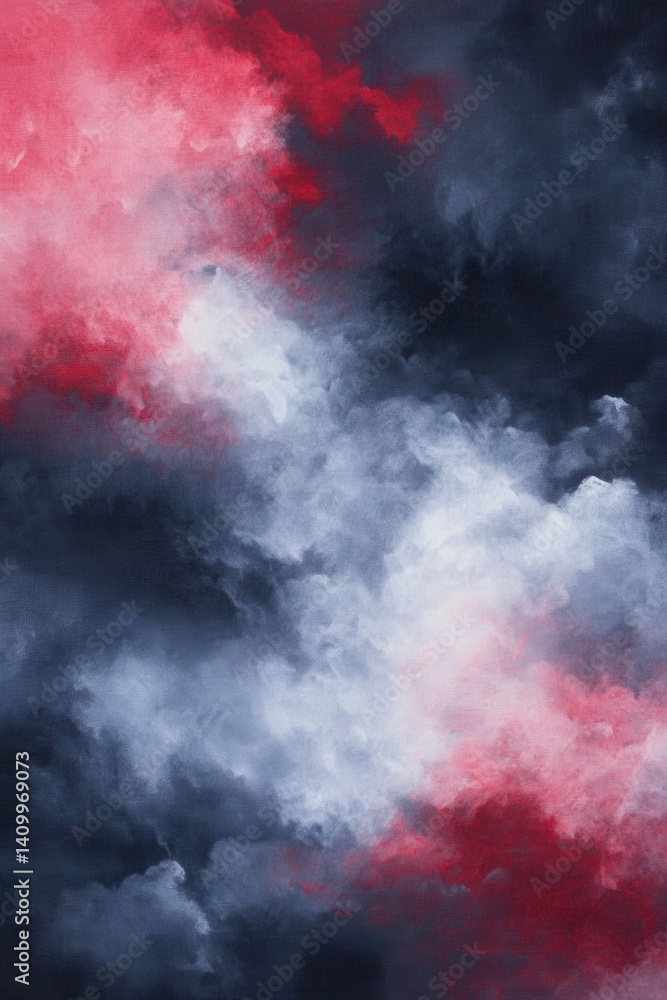 Poster a dynamic abstract painting of crimson and gray forms. the canvas shows fluid clouds of color