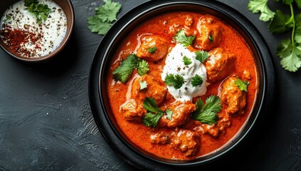 Bowl of orange curry with cream and herbs next to rice on dark surface.