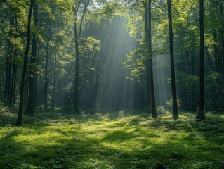 Fototapeta premium Forest with tall trees and sunlight shining through the leaves on the ground.