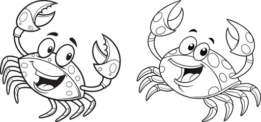 Cartoon Crabs with Smiling Faces, Black and White Illustration