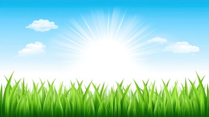 Fototapeta premium A vibrant illustration of green grass under a bright sun and blue sky, creating a cheerful and refreshing atmosphere.