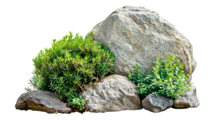 Large rocks with overgrown foliage and moss on white or transparent background png.

