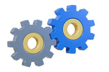 3d Gear wheels icon. Cogwheel, Cog, Mechanical, Gear shape. Customer support, technical support engineering concept. Minimal cartoon blue two gear wheels icon isolated on blue background. 3d render.