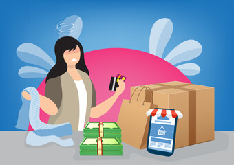 The young woman was shocked by online shopping because of the large number of orders. vector illustration