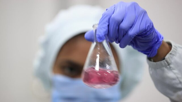 Rajkot, Gujarat, India 03 02 2025: Pharmaceutical syrup, ointment and medicine Manufacturing process female chemist analyzing chemical for health care products