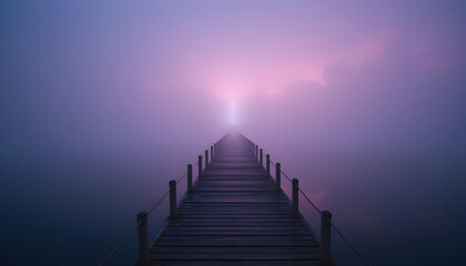 Fototapeta premium Misty Dawn: Wooden Pier Vanishing into Lavender Haze