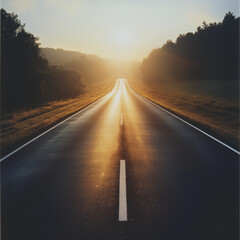sunrise on a straight country road stretching into the distance, golden light and mist, scenic morning drive
