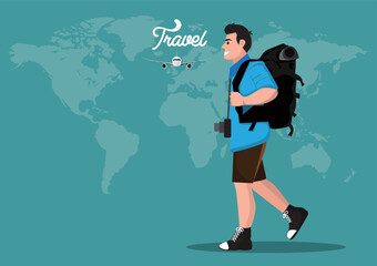 young man backpacking around the world Long weekend travel idea. vector illustration