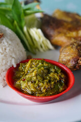 Indonesian fried duck, captured on April 16, 2025. Crispy on the outside and tender inside, served with rice, sambal, and fresh vegetables for a rich, savory meal