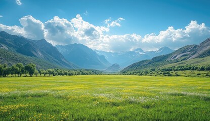 Obraz premium Lush Green Meadow with Yellow Wildflowers Framed by Majestic Mountains Under a Bright Blue Sky with White Clouds Nature Landscape