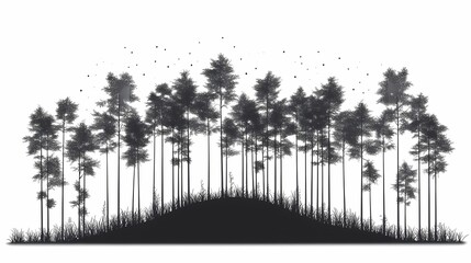 Silhouette of Pine Trees in a Lush Forested Landscape. A Scenic Monochrome Illustration for Nature Lovers