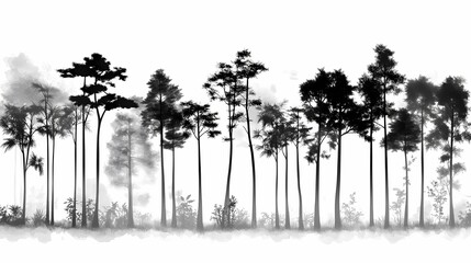 Fototapeta premium Tranquil Tree Silhouette. Atmospheric Black and White Forest Scene in Foggy Woodland