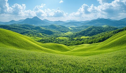Obraz premium Lush Green Rolling Hills Under Bright Blue Sky and Fluffy Clouds in A Serene Landscape and Pastoral Scene