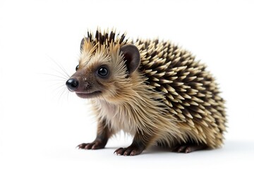 Obraz premium European hedgehog in a defensive posture on a seamless white backdrop , prickles, nature, wild