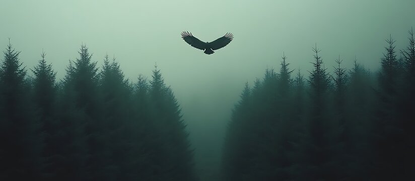 Eagle Soaring Over Misty Forest Canopy Creating Moody and Atmospheric Scene - Powered by Adobe
