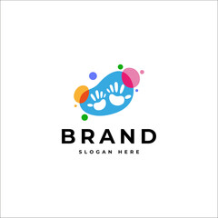 little kid hand logo with paint splatter and bubble elements in colorful flat design