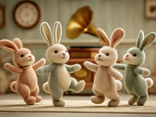 a group of plush bunnies dancing to tunes of a gramophone having a party