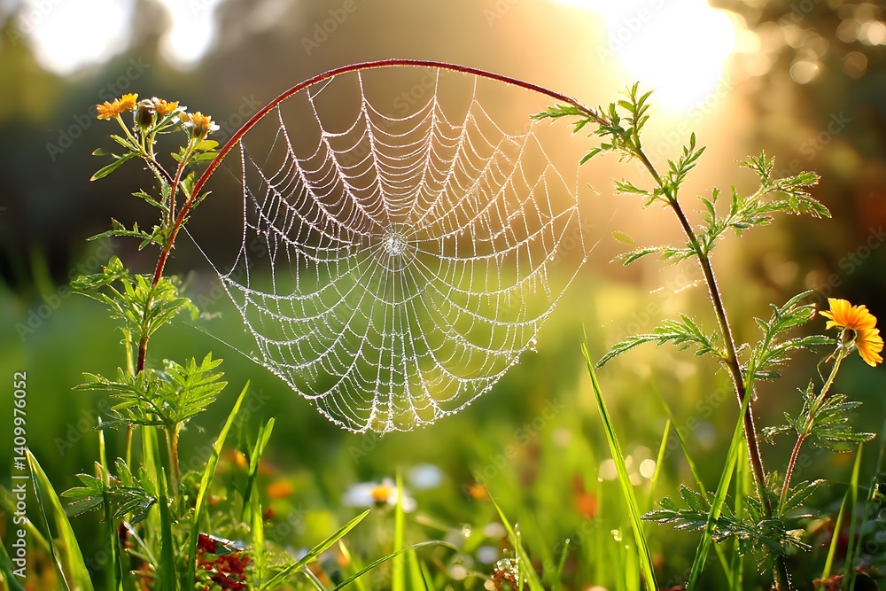 Wall mural spiderweb with dew in sunlight fragile