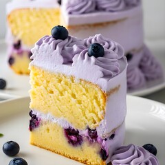 a sliced blueberry-lemon layer cake with yellow lemon sponge, filled and topped with blueberries throughout the batter. Between the layers and covering the top is lavender cream cheese frosting
