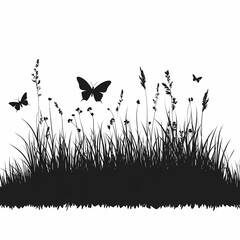 Butterfly Silhouettes in Grass. Tranquil Monochrome Artwork of Nature and Wildlife in Springtime Environment
