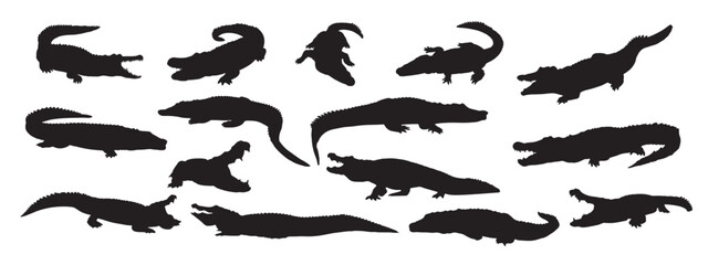 Silhouette of crocodile and alligator vector icon set illustration isolated on white background.