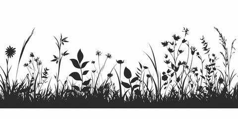 Elegant Floral Silhouette. Nature-Inspired Artistic Black Wildflowers and Leaves Design