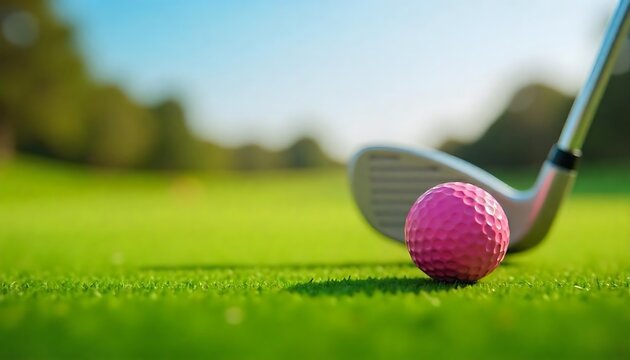 A pink golf ball on a green golf course with a golf club in the background, Women's golf poster, Golf Tournament Flyer Template, created with generative ai