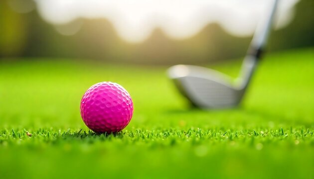 A pink golf ball on a green golf course with a golf club in the background, Women's golf poster, Golf Tournament Flyer Template, created with generative ai