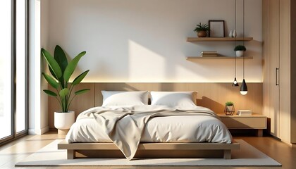 Fototapeta premium Modern minimalist bedroom with large window, plants, and concrete floor., A modern and minimalist bedroom with a large bed, wooden shelves on the wall, and a potted plant, created with generative ai