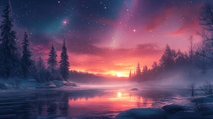 Magical Winter Sunset: Enchanting Lake and Snowy Forest under Starry Sky