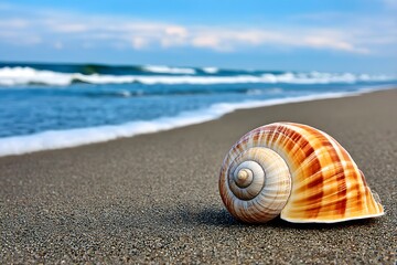 Spiral seashell on wet sand gentle wave