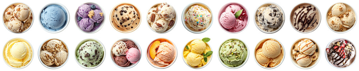 An Assortment of Colorful Ice Cream Scoops in Various Flavors, Perfect for Summer Treats, Desserts, and Celebrations in a Bright Display. Piquant food set.