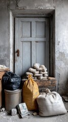 Cracked plaster walls, peeling paint, overflowing trash cans, cobwebs in neglected Polish tenement - forsaken rotten grungy