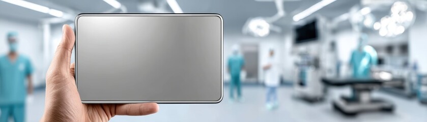 A digitally enhanced image showcases a blank tablet held in a medical-appropriate setting - medical high-tech modern health
