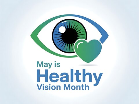 Celebrate Healthy Vision Month: A caring heart alongside a vibrant eye, symbolizing the importance of eye health and well-being with a soft, serene color palette.