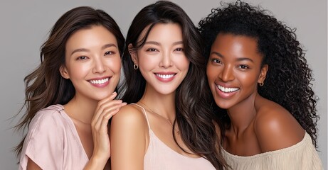 Obraz premium Three women of different ethnicities smiling and touching their skin, one asian woman with brown hair in her mid-20s wearing light pink , another black haired model