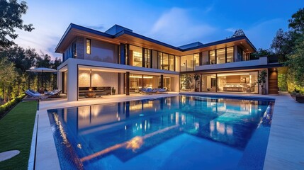 Fototapeta premium A luxury house backyard with a pool, contemporary luxury home at dusk with pool, featuring modern architecture