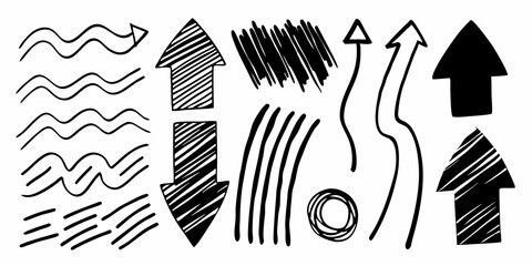 Arrow brush line chalk sketch texture brush vector set. Crayon marker scribble sketch stroke arrow element line brush hand drawn design.