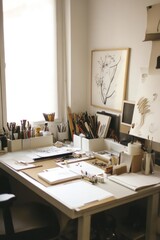 Artist's studio desk with artwork supplies near a window in a bright room.