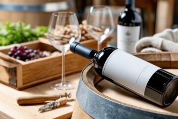 This image presents a beautifully arranged scene of an elegant wine bottle and glasses on a rustic wooden table, inviting warmth and conviviality for gathering and celebration.